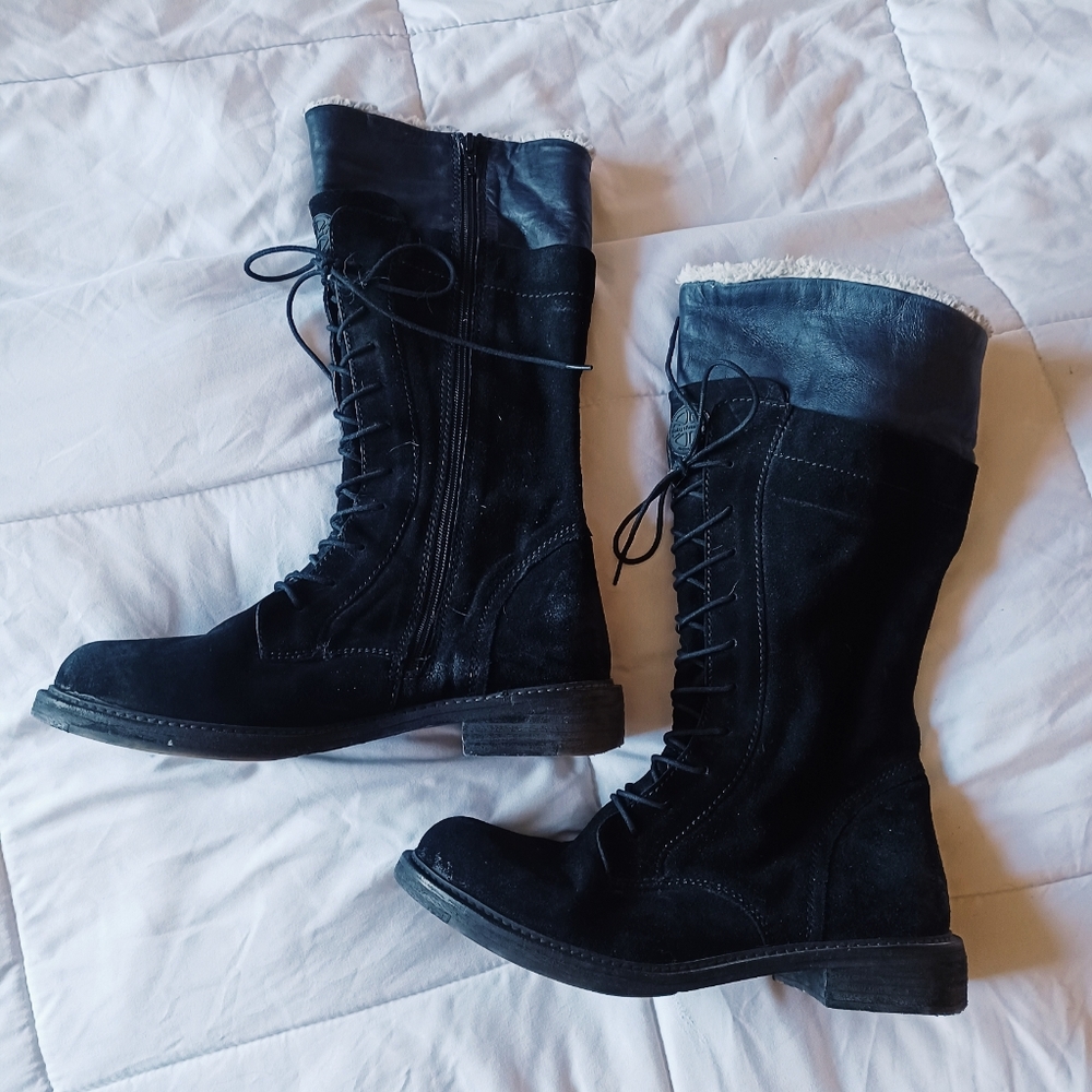 Suede Leather Lace Up Sherpa Lined Knee Tall Boots Winter Black Goth Gorpcore